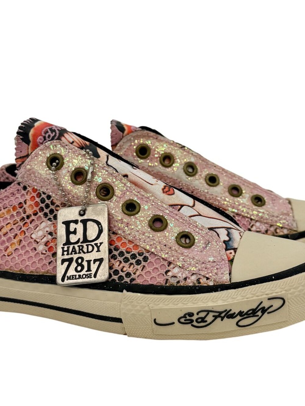 VTG Ed Hardy Pink Canvas Tattoo Graphic Sneakers | Y2K Streetwear Grunge Skater - Picture 12 of 16